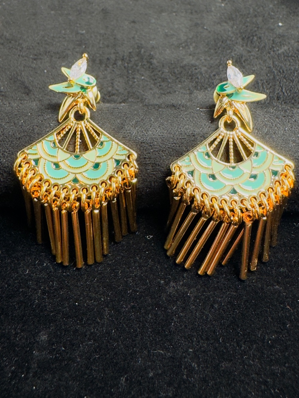 Gold and Mint Fan Tassel Drop Earrings - Women's Jewelry - Picture 2 of 8